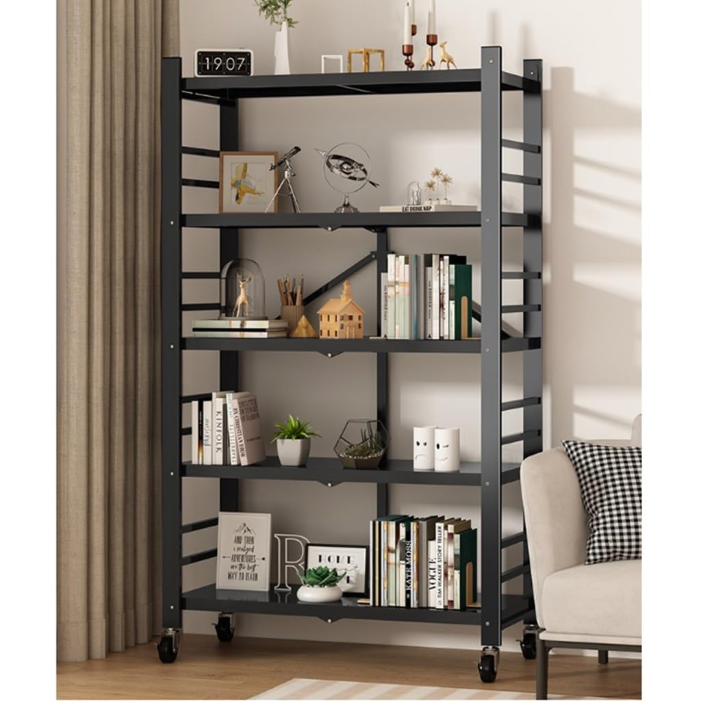 Scaffale pieghevole in metallo resistente con ruote, 5 ripiani, per garage, cucina, dispensa, casa, ufficio, facile da montare, grande capacità, nero