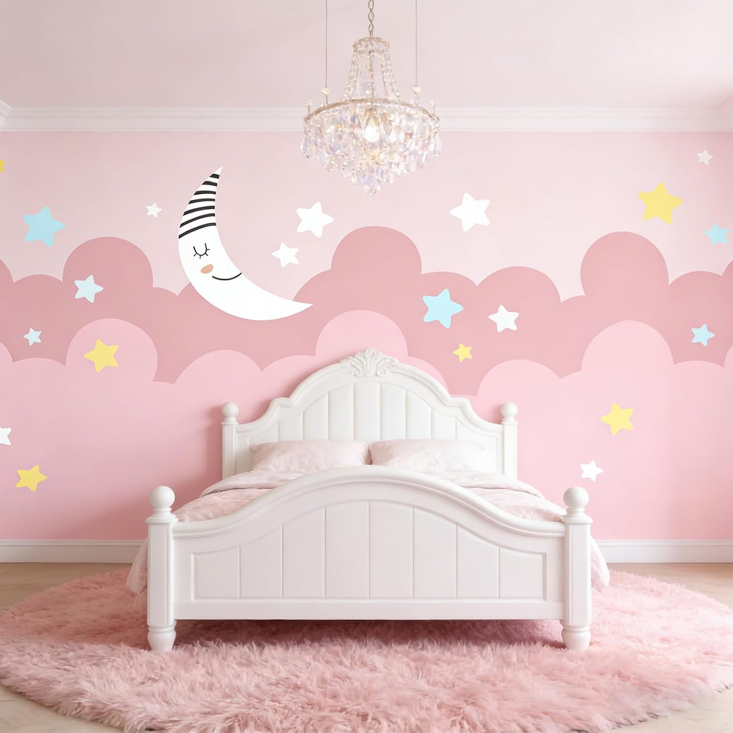 UBEOS-Pink Cloud Princess Bedroom Wall Mural Stars Moon Cartoon Wallpaper for Girls Room 136"x96" (Not Peel and Stick)
