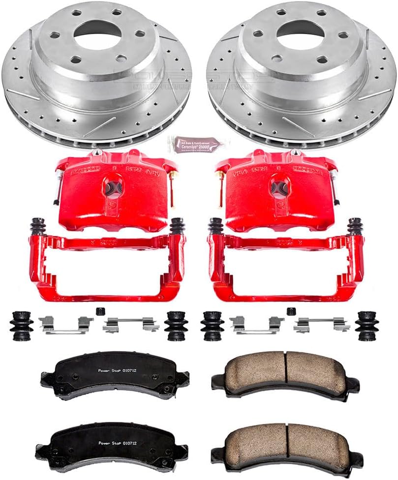 PowerStop Rear Brake Kit for Cadillac Escalade 2003-06 |Chevrolet Avalanche 1500 2003-06 - Carbon-Fiber Ceramic Brake Pads + Drilled & Slotted Rotors + Red Powder Coated Calipers, KC2047
