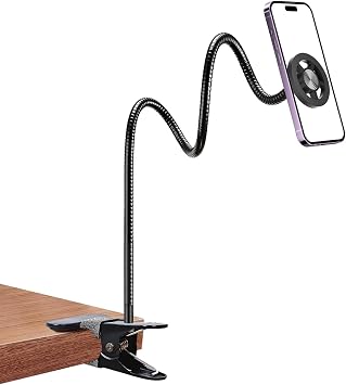 LenTok Magnetic Cell Phone Stand Holder for Bed Laying Down, Lazy Bedside Gooseneck Phone Mount with Clamp Clip for Desk, Desk Tripod for iPhone, Compatible with Magsafe All Smartphone