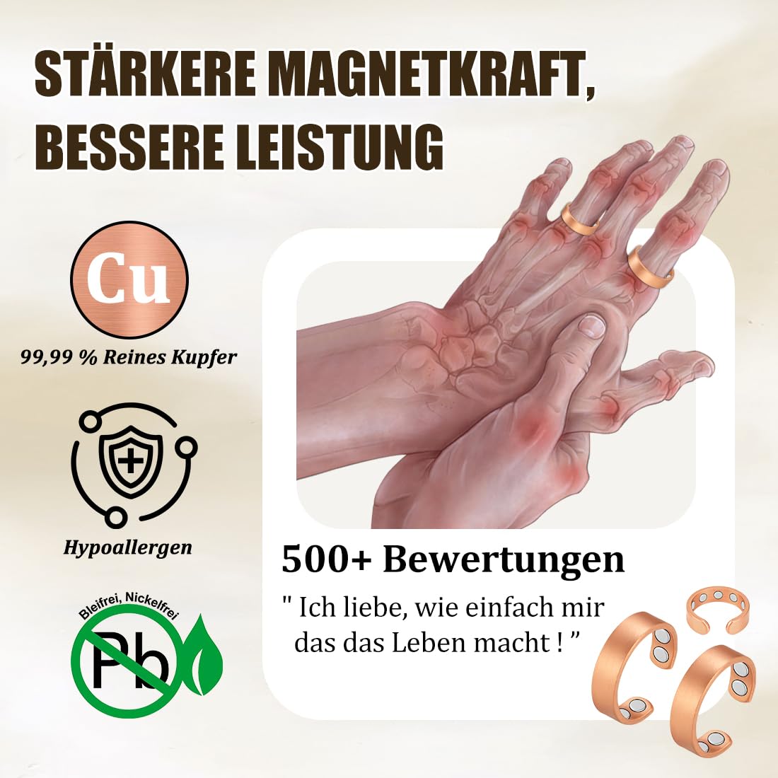 Vicmag 2 anillos magnéticos de cobre para hombre y mujer con imanes fuertes (3500 gauss), anillos de cobre puro 99,99 %, tamaño ajustable con caja de regalo