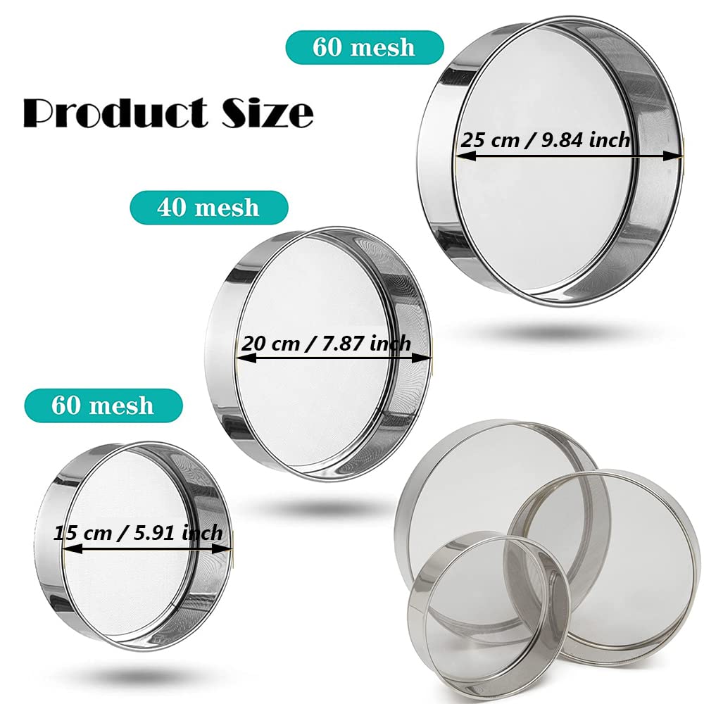 15/20/25cm Mehlsieb Edelstahl, 3 Stück 40/60 Mesh Mehlsieb Feinmaschiges, Puderzuckersieb, Küchensieb Fein, Groß Einhand Mehl Sieb Fein für Backen, Reis, Getreide, Bohnen, Obst Gemüse