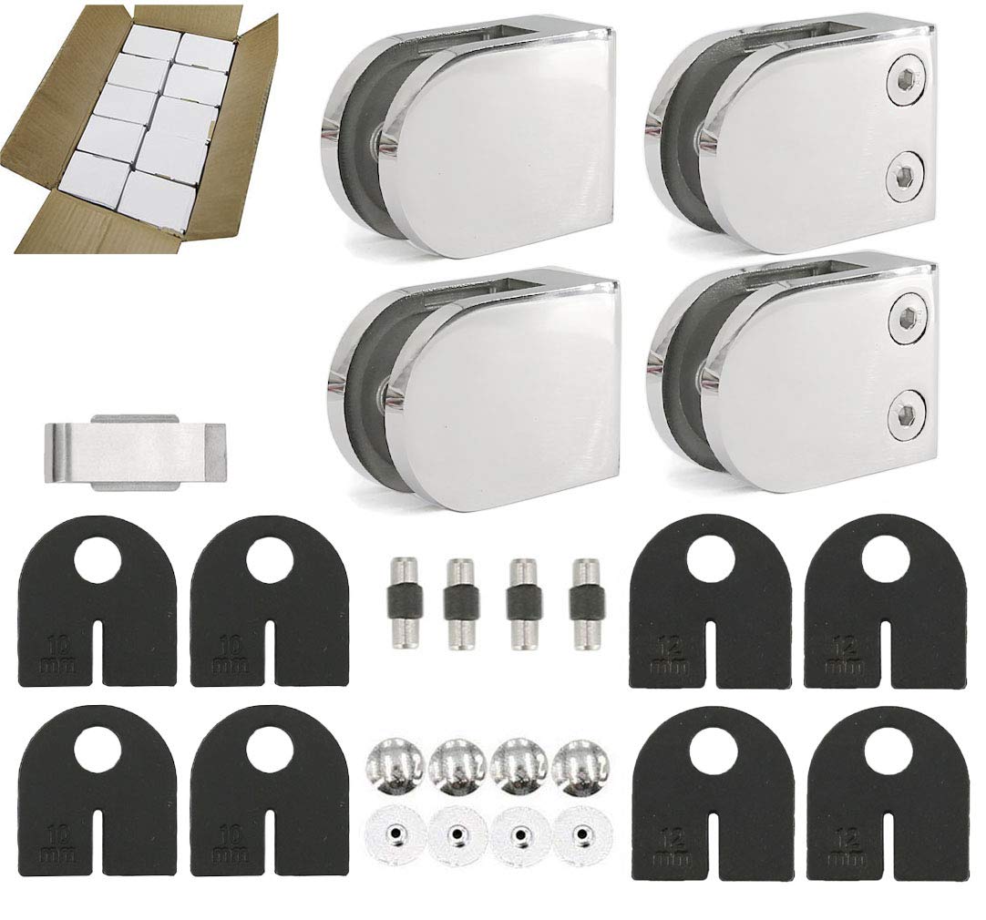 40-Pack, Stainless Steel 316 Grade Flat Back Round Glass Clamp 63 x 45 mm for 3/8" - 1/2" Tempered Glass or Laminated Glass, Mirror Finish (GC-064M-40)