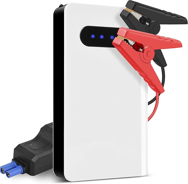 Car Jump Starter, 600A Peak 30000mAh 12V Output Portable Battery Booster, Jumper Start Car Battery& Phone Charger with USB Port, Cables & LED Flashlight (White)