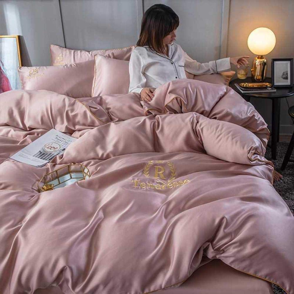 Bedding 4 Piece,Light Luxury ice Silk Four-Piece Girl Heart Princess Style Silk Bed Sheet Duvet Cover-Champagne 1_2.0m Bed Four-Piece Suit Suitable for 220x240