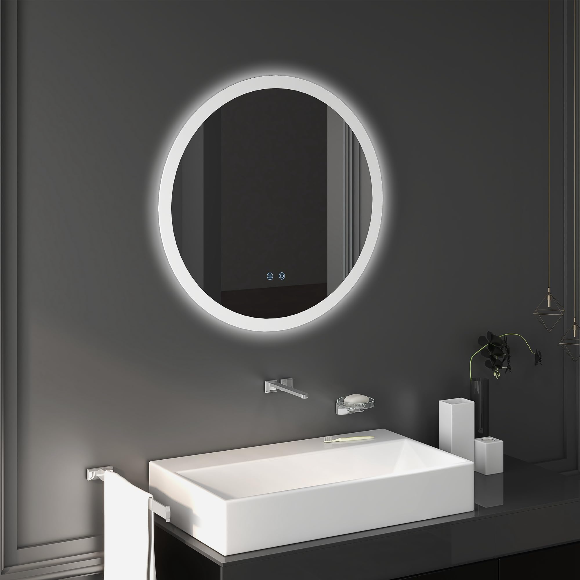 kleankin Specchio Bagno Rotondo con Luce LED Ø70cm, 3 Colori Luce, 3000-6500K, Interruttori Touch, Specchio da Parete Antideflagrante con Luminosità Regolabile, Funzione Memoria, Antiappannamento