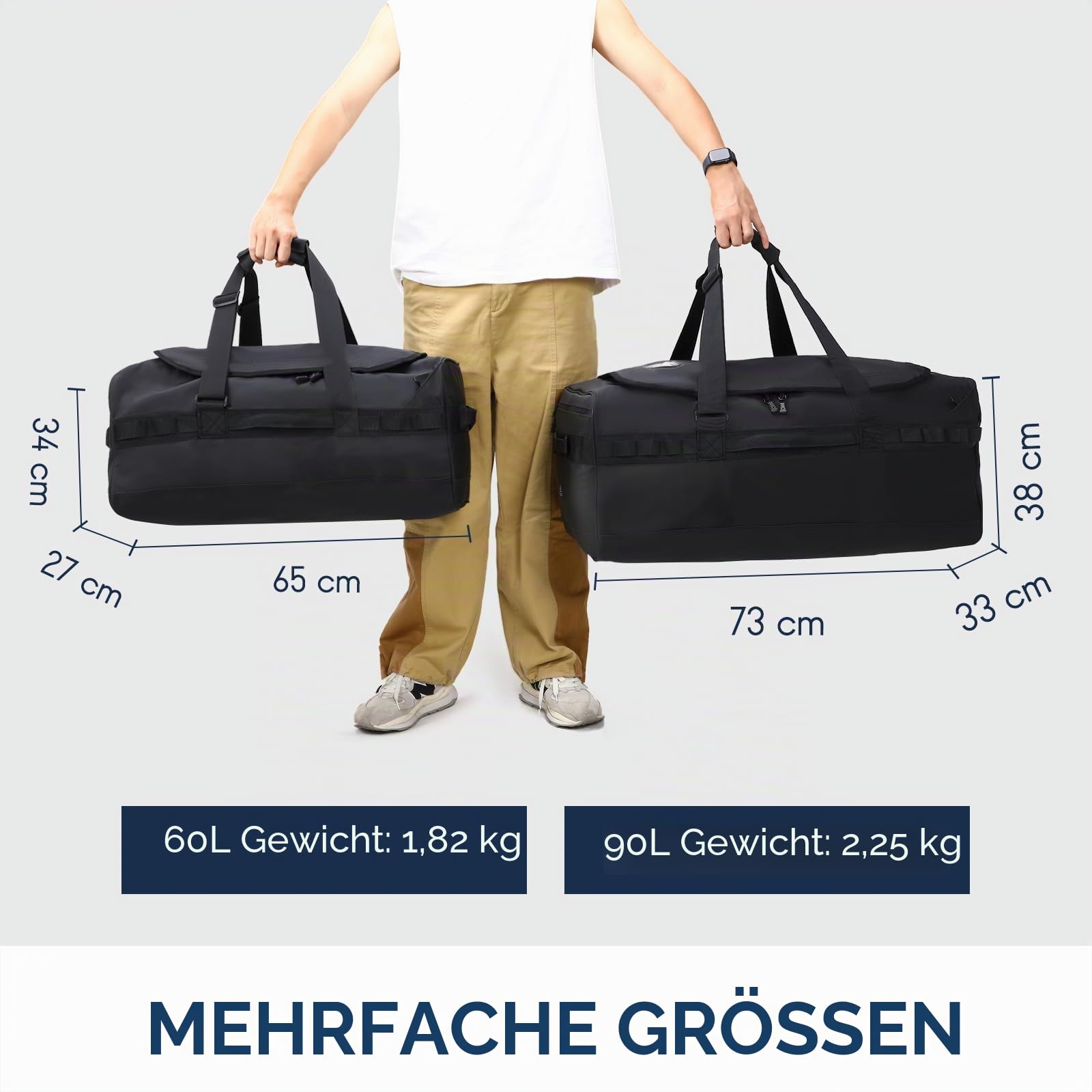 Haimont Reisetasche Sporttasche mit robusten Reisetaschen für Männer und Frauen, Camping mit umwandelbaren gepolsterten Rucksackträgern, Overnight, Wasserdicht, 90L/Schwarz
