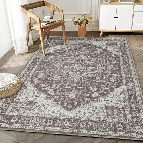 Bloom Rugs Washable Non-Slip 6' x 9' Rug - Dark Brown Traditional Medallion Area Rug for Living Room, Bedroom, Dining Room, and Kitchen - Exact Size: 6' x 9'