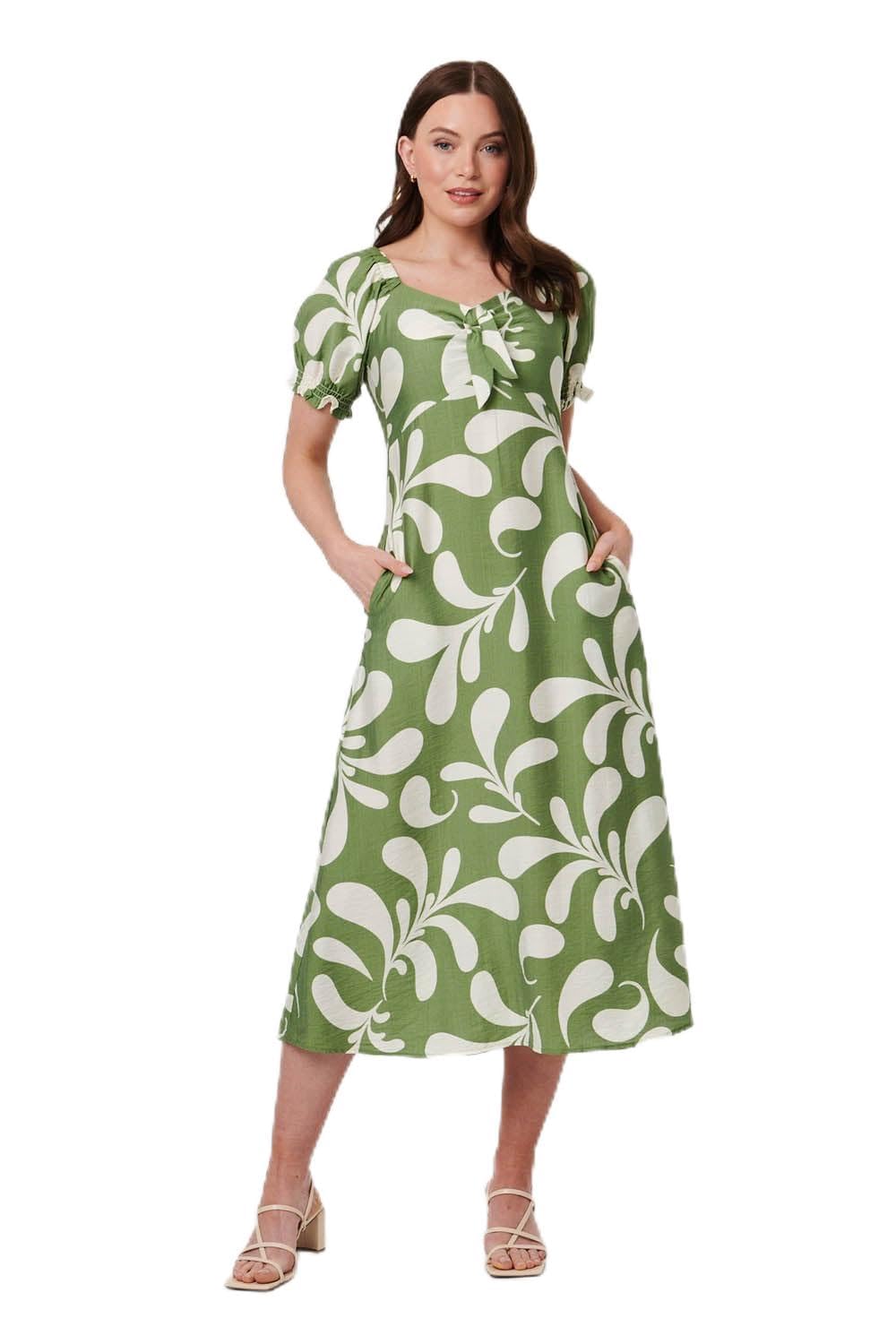 Izabel London Women's Green Abstract Puff Sleeve Tie Neck Midi Dress In | Size: 16