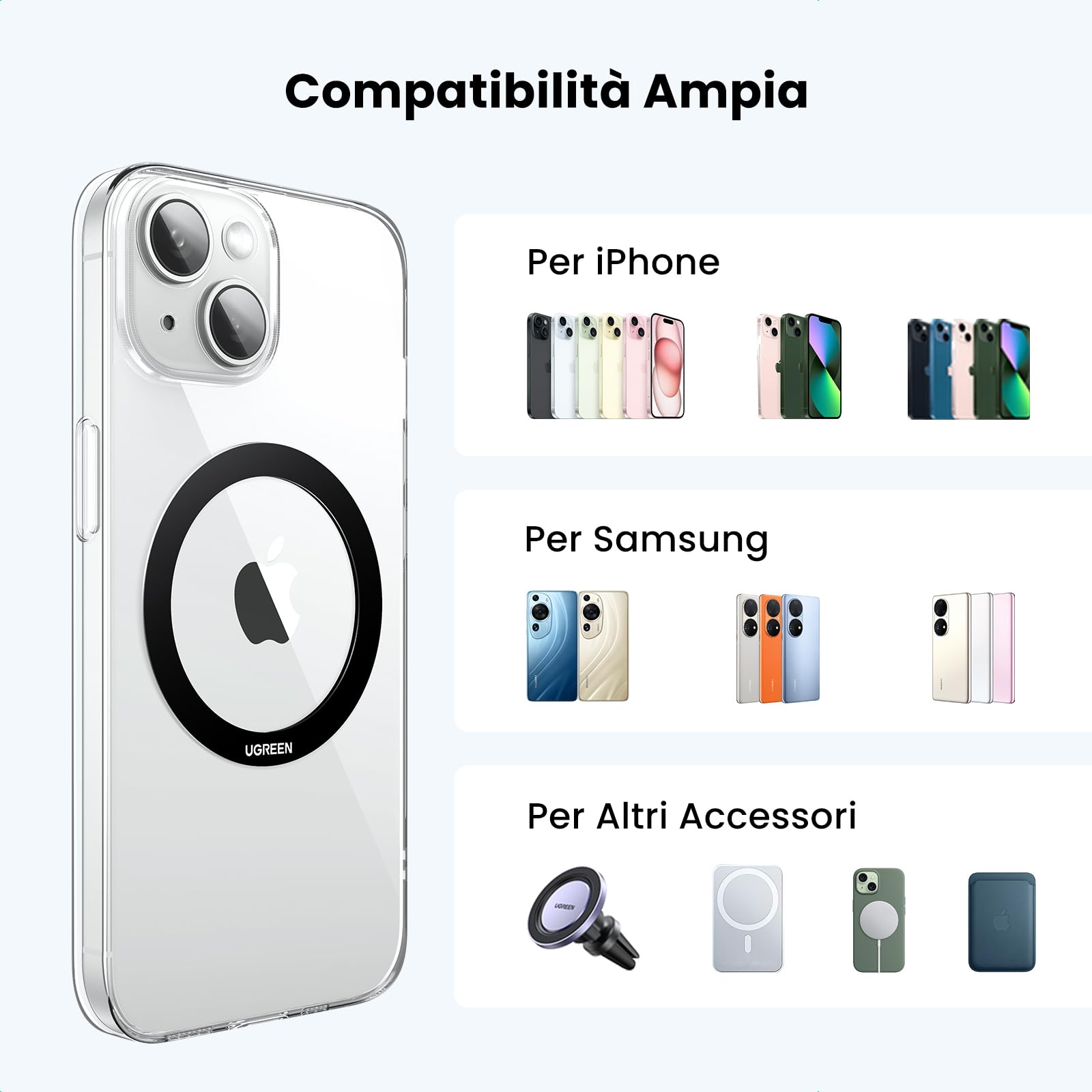 UGREEN Anello Universale Magnetico da Attaccare al Supporto e Accessori MagSafe, Compatibile con iPhone 17 Pro Max Air/16/15/14, Galaxy S25/S24 etc, 2 Pezzi,Nero