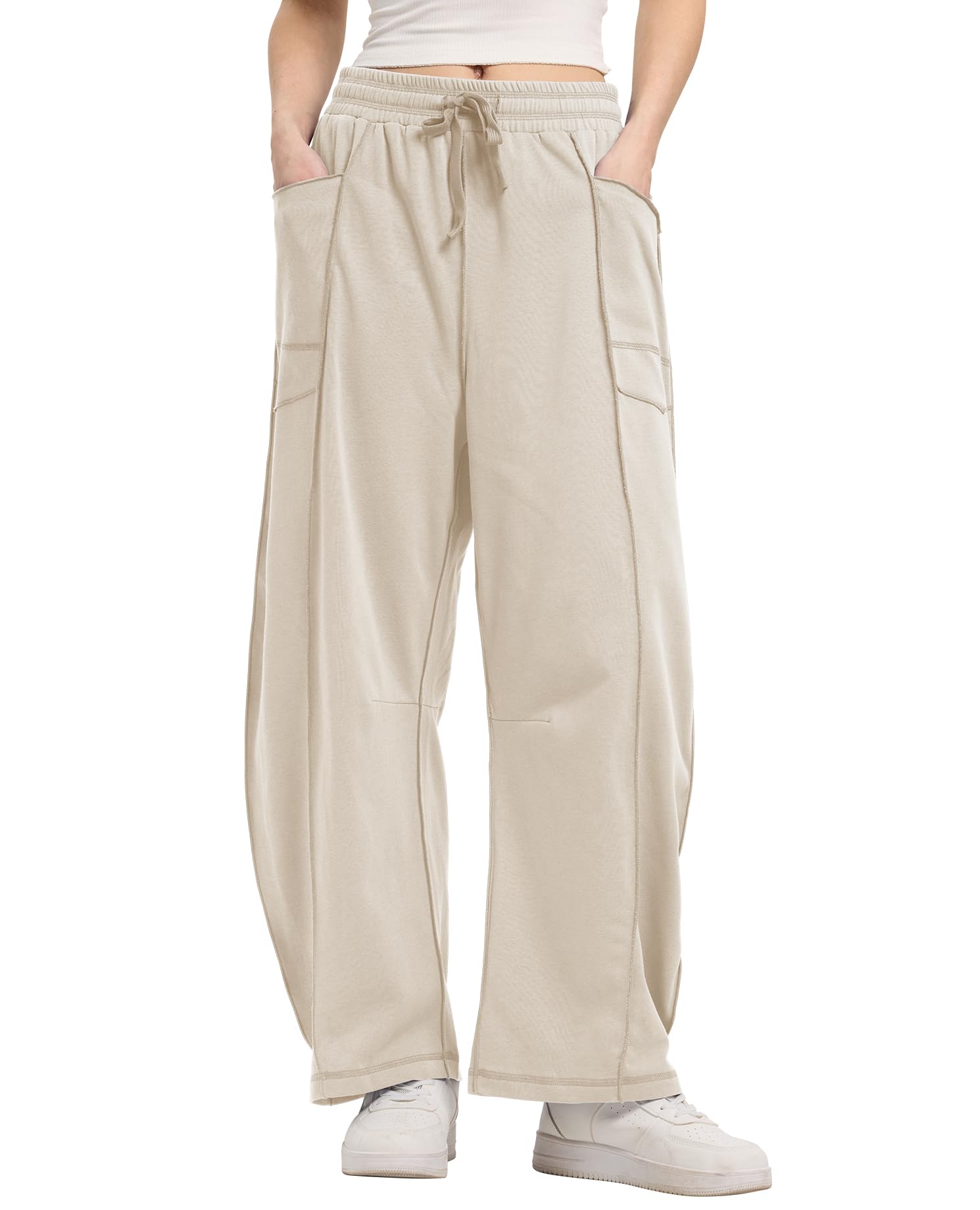 Womens Barrel Sweatpants High Waisted Baggy Wide Leg Lounge Pants, Casual Horseshoe Trousers with Pockets Lightkhaki Medium