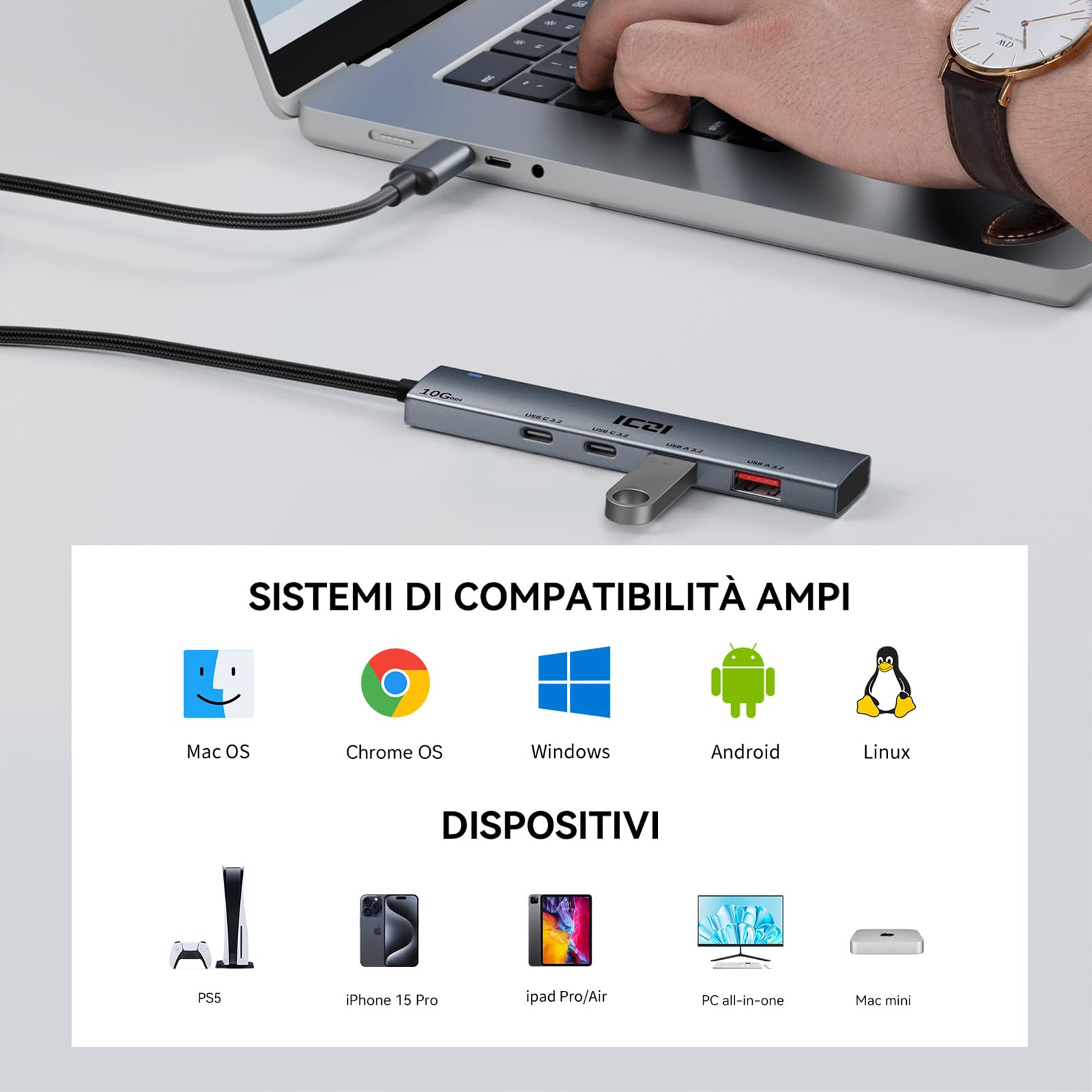ICZI 10Gbps USB C Hub, Aluminum Splitter With 2 USB-C and 2 USB-A Data Ports for Laptop, Phone, Pad, Hard Disk, Keyboard, Mouse (No Charging or Monitor Connection)