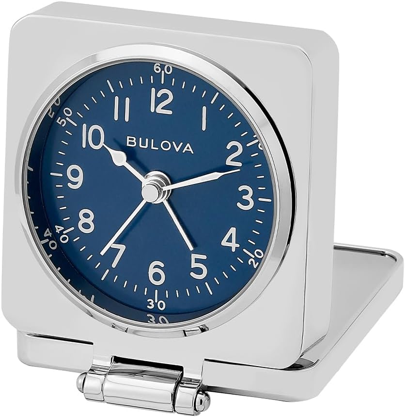 Bulova Travel Hack Alarm Clock B1882 | Vintage-Inspired Flip Cover Design with Blue Dial | Quartz Movement | Battery Included | Compact Travel Clock with Gift Pouch