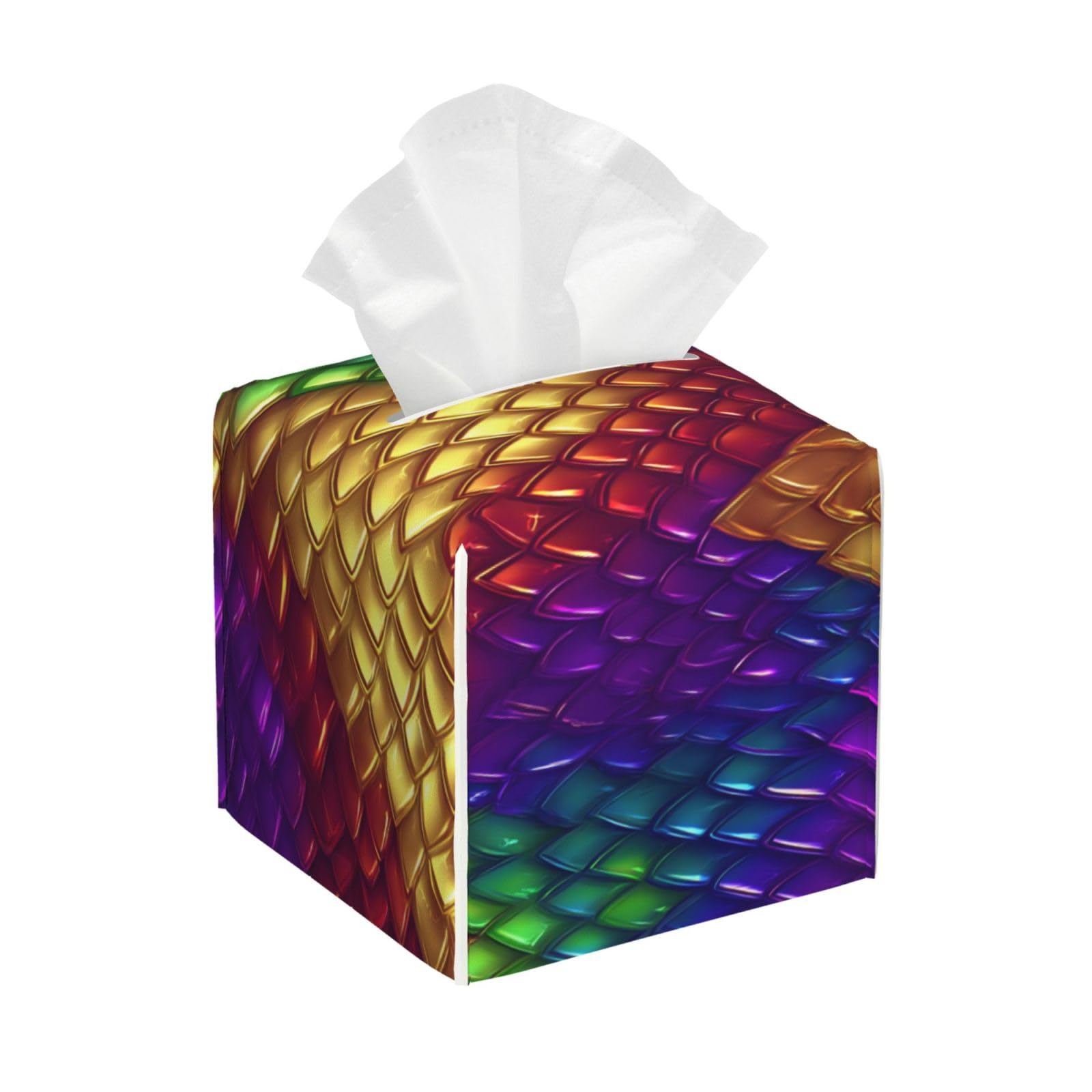 Rainbow Metallic Dragon Scale Tissue Box Cover Square Pu Leather Waterproof Tissue Box Holder for Car Bathroom Bedroom Office Tabletop Decor