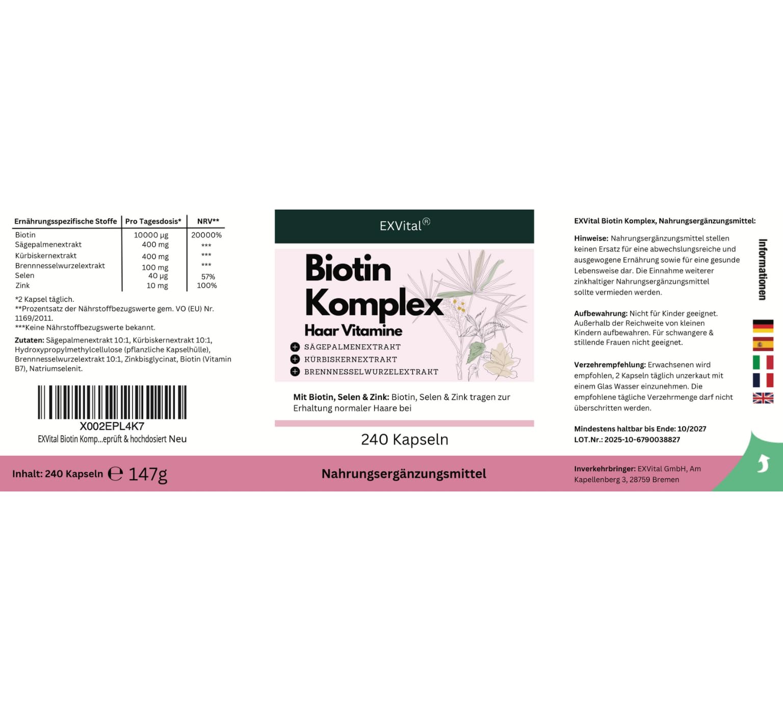 EXVital Biotine Complexe, Vitamines pour les cheveux, Avec extraits de palmier nain, de pépins de courge et de racine d’ortie, 240 capsules véganes, enrichies en sélénium et zinc, testé en laboratoire