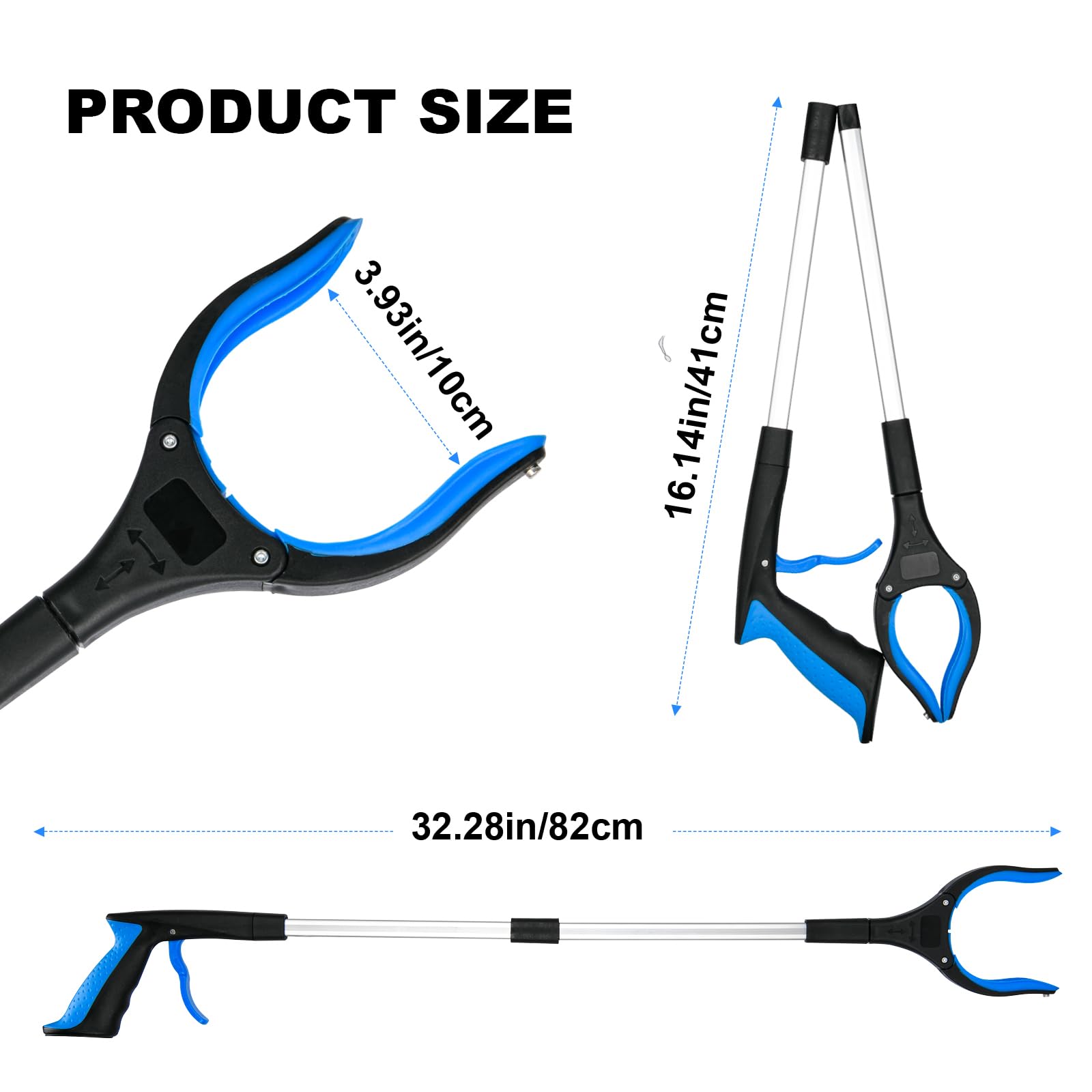 Greifhilfe, 81,3 cm, 360° drehbarer Kopf, breite Backe, faltbarer Greifer, Greifwerkzeug, rutschfest, 10,2 cm breite Klauenöffnung, Greifer für Senioren (blau), 6 Stück