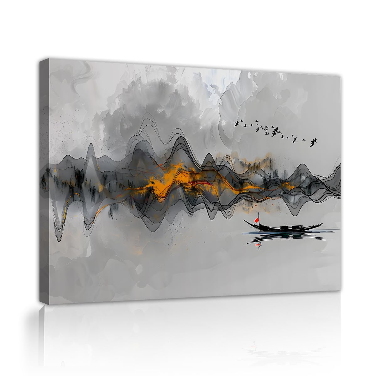 TOANGWALL Chinese Mountains Canvas Wall Art Corridor Boating River Framed Poster Prints Ink Style Ripples Abstract Painting Artwork for Lounge Decor 90x110cm