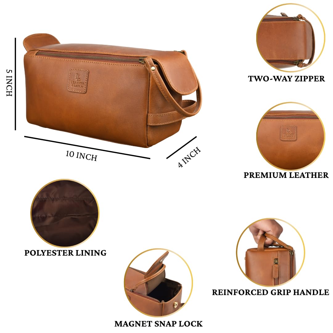 Leather & latch Beauty case unisex in pelle vintage di alta qualità, kit da viaggio per rasatura e cosmetici, organizer per uomini e donne (marrone cognac)