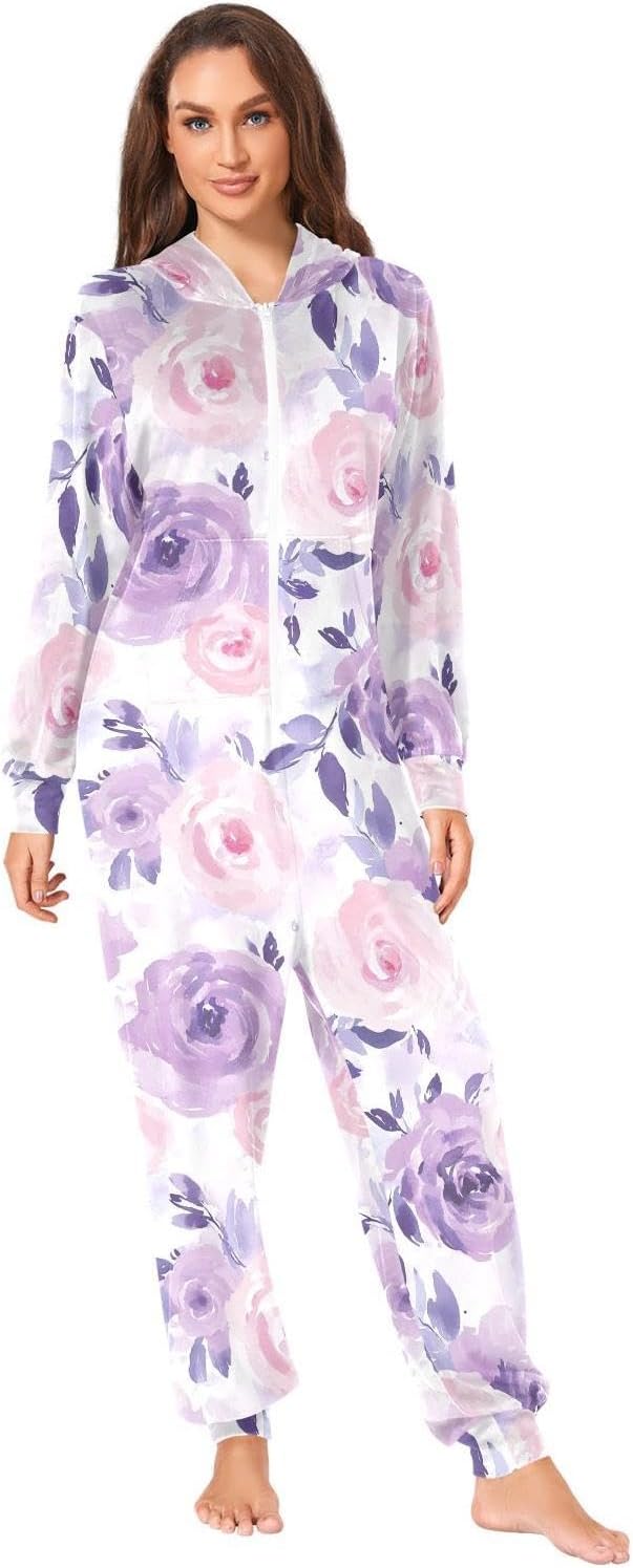 ZZKKO Watercolor Purple Render Flower Adult Onesie Pajamas for Women Men Cozy One Piece Pajamas Costume Zip-Up Hooded S-XL