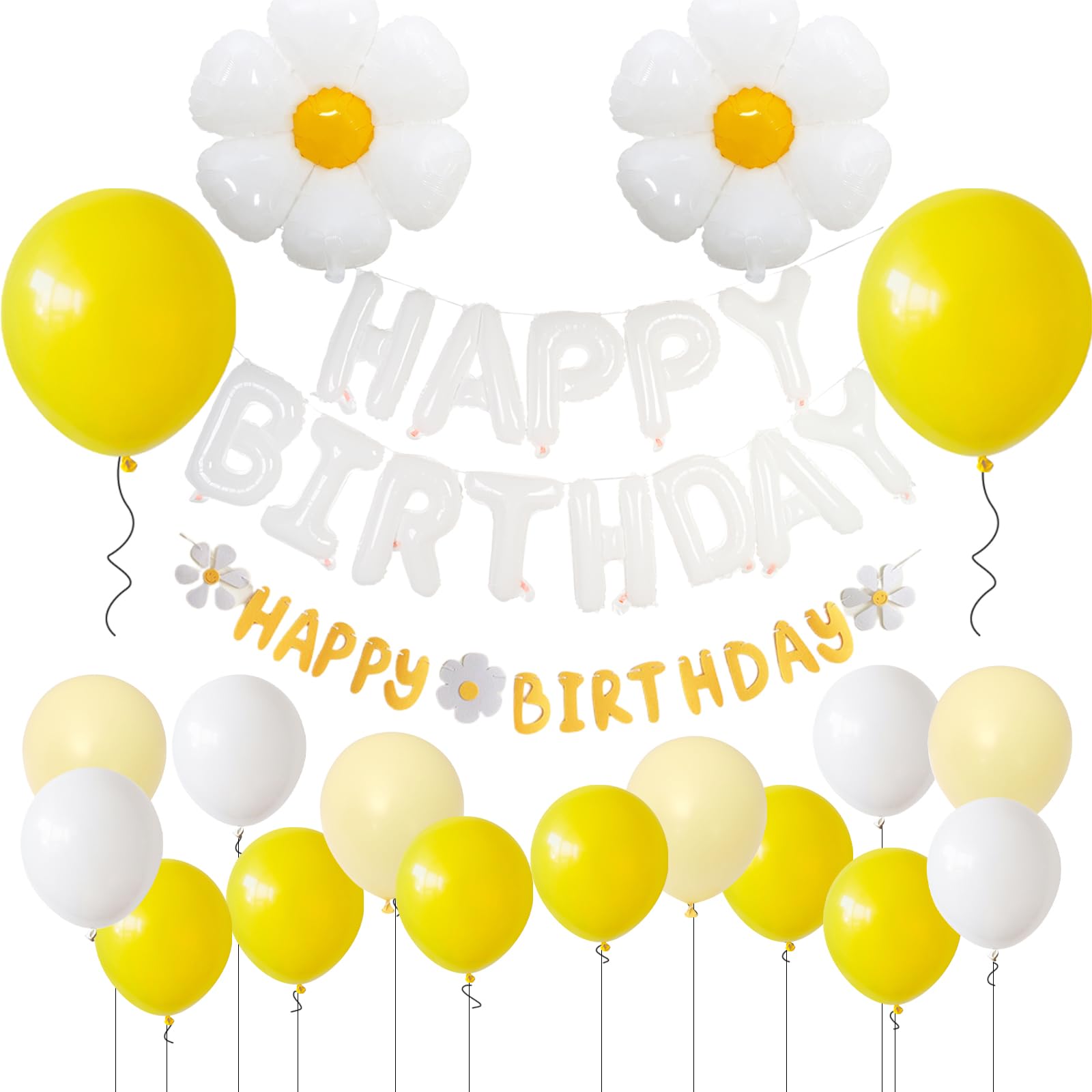 GRESATEK 誕生日 バルーン 飾り付け ハッピー バースデー HAPPY BIRTHDAY ハート 紙吹雪風船 両面テープ リボン付き イエロー ホワイト フラワー セット