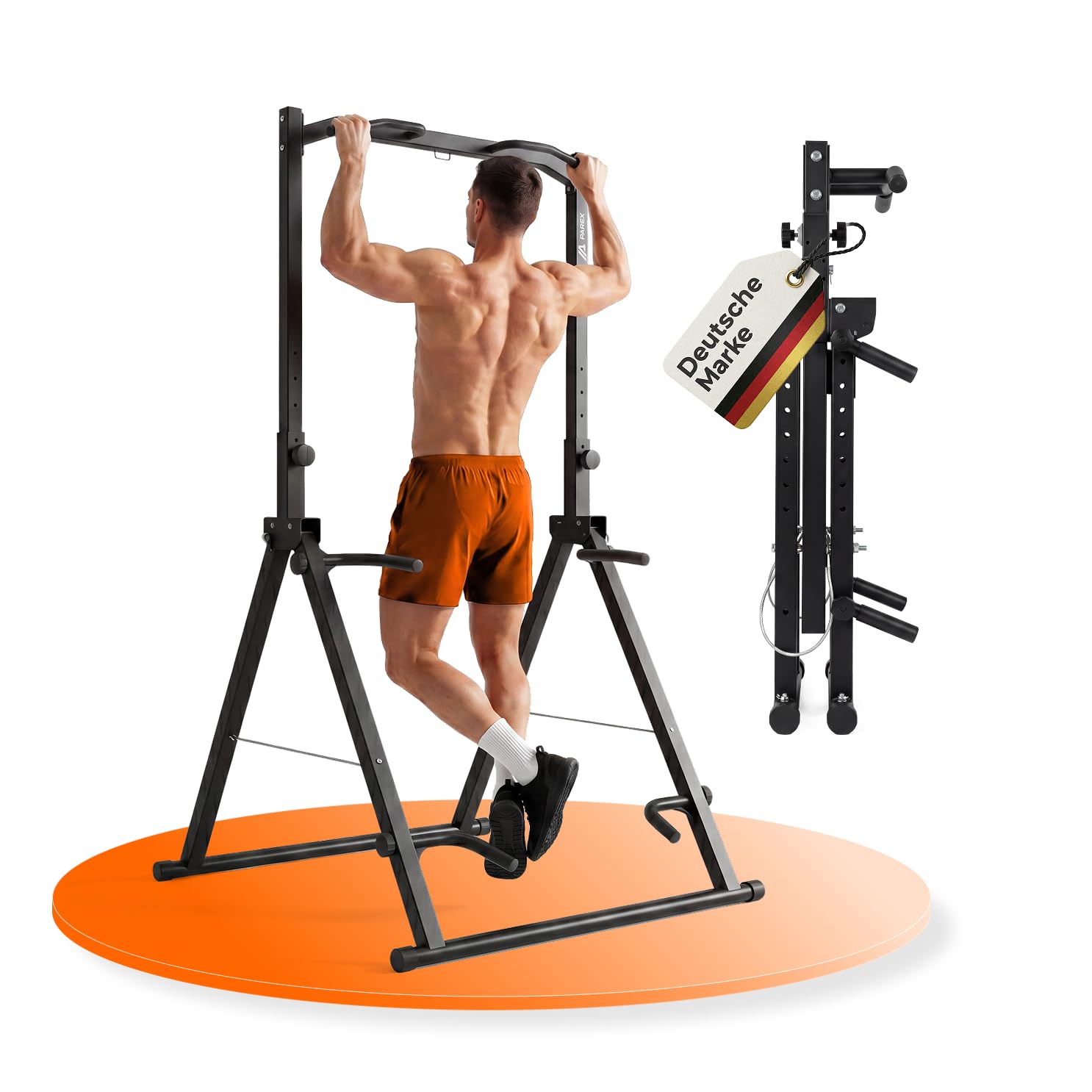 Parex Klappbarer Power Tower – 4-in-1 Klimmzugstange freistehend & Dip Station, Höhenverstellbare Kraftstation für Home Gym & Calisthenics, Platzsparender Kraftturm belastbar bis 150kg, Schwarz