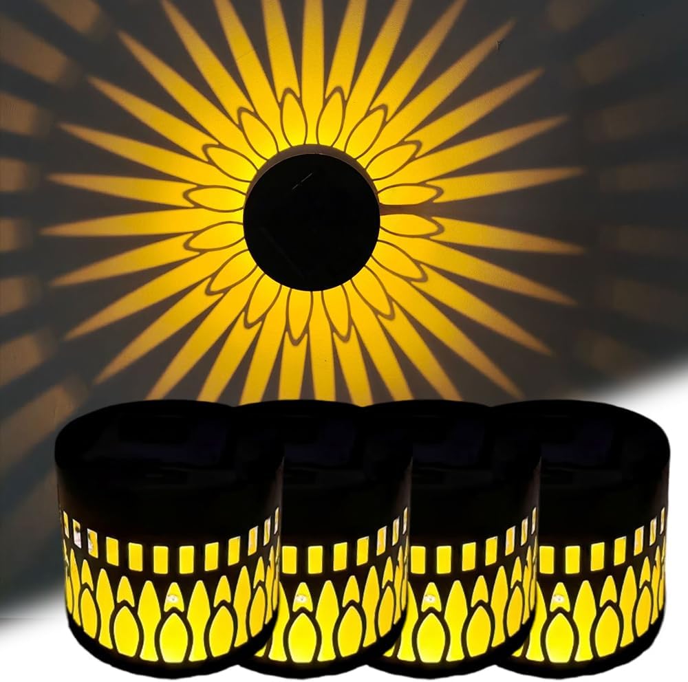 Coloday Decorative Solar Mandala Lights, 2026 New Powered Mandala Projector Light Warm White LED Shadow Projector, Upgrade Waterproof Metal Solar Fence Lights Garden Decor for Patio (#D X4)