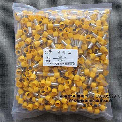 500PCS/pack E16-12 Cord End Pre-insulated Terminals Wire Connector Bootlace Ferrules For 5AWG 16mm2 12mmPin of Length Brass tube - (Color: Yellow)