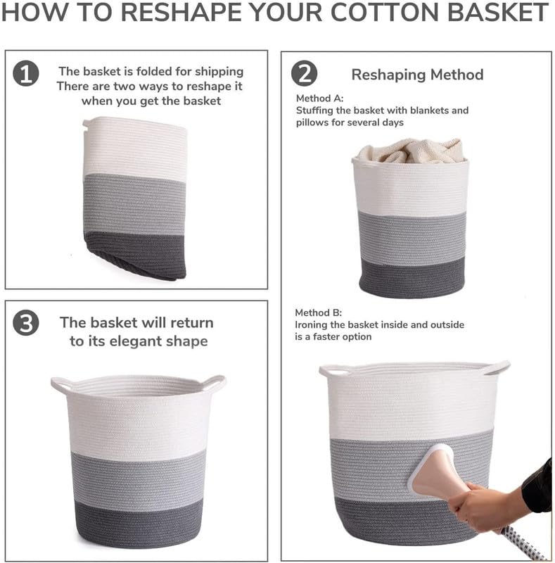 Image of Large Basket Natural Cotton Rope Storage Basket and Hamper for Cloths and Multi Usage in Living Room, Bedroom, Laundry Room (Size - 14 inch x 14 inch x 16 inch) (White Grey Black)