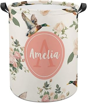 Custom Baby Name Laundry Basket for Nursery, Personalized Mallard Laundry Hamper for Girls, Customized Wild Duck Circular Clothes Hamper for Kids Room Decor