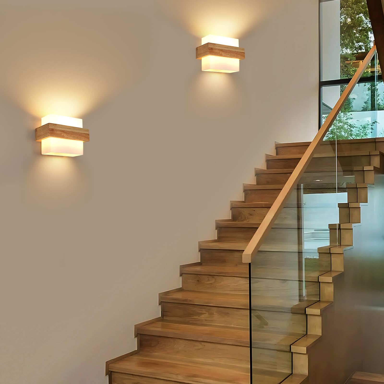 DELIPOP Wandleuchte Innen Holz, Dimmbare Wandlampe mit 12W Glühbirne | Vintage Wandbeleuchtung für Wohnzimmer Schlafzimmer Flur Treppen