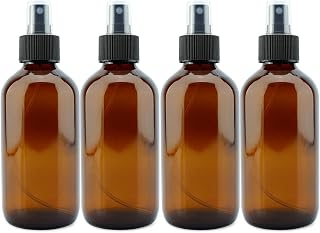 8-Ounce Amber Glass Fine Mist Spray Bottles (4-Pack); Boston Round w/Atomizer Spritzers for Aromatherapy,Perfume,Cologne
