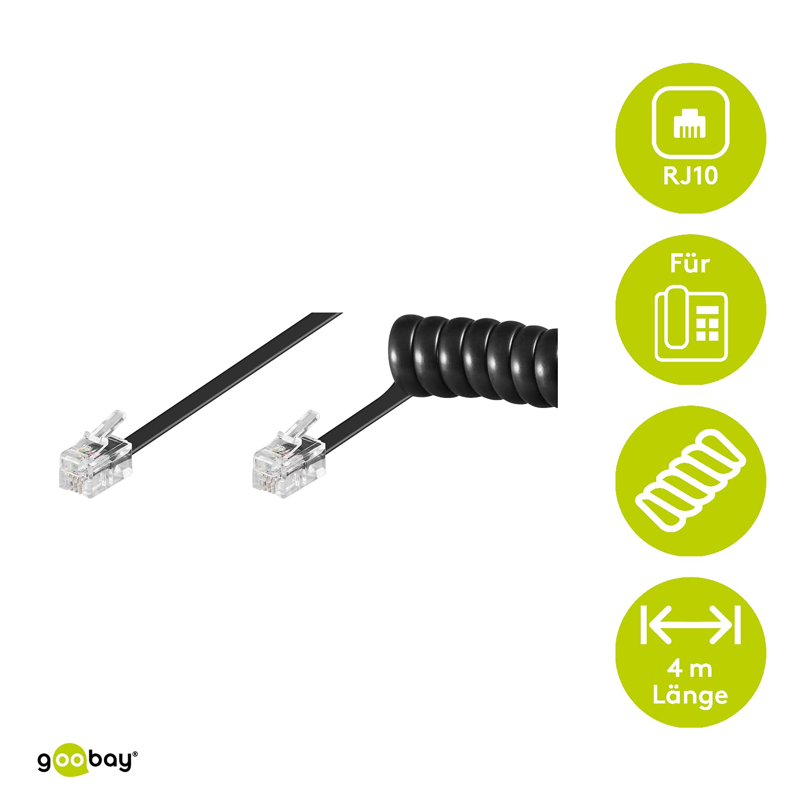 Goobay 68002 Telephone Handset Spiral Cable CCA (Copper-Laminated Aluminium) - RJ10 Connector (4P4C) > RJ10 Connector (4P4C), Black, 4 m