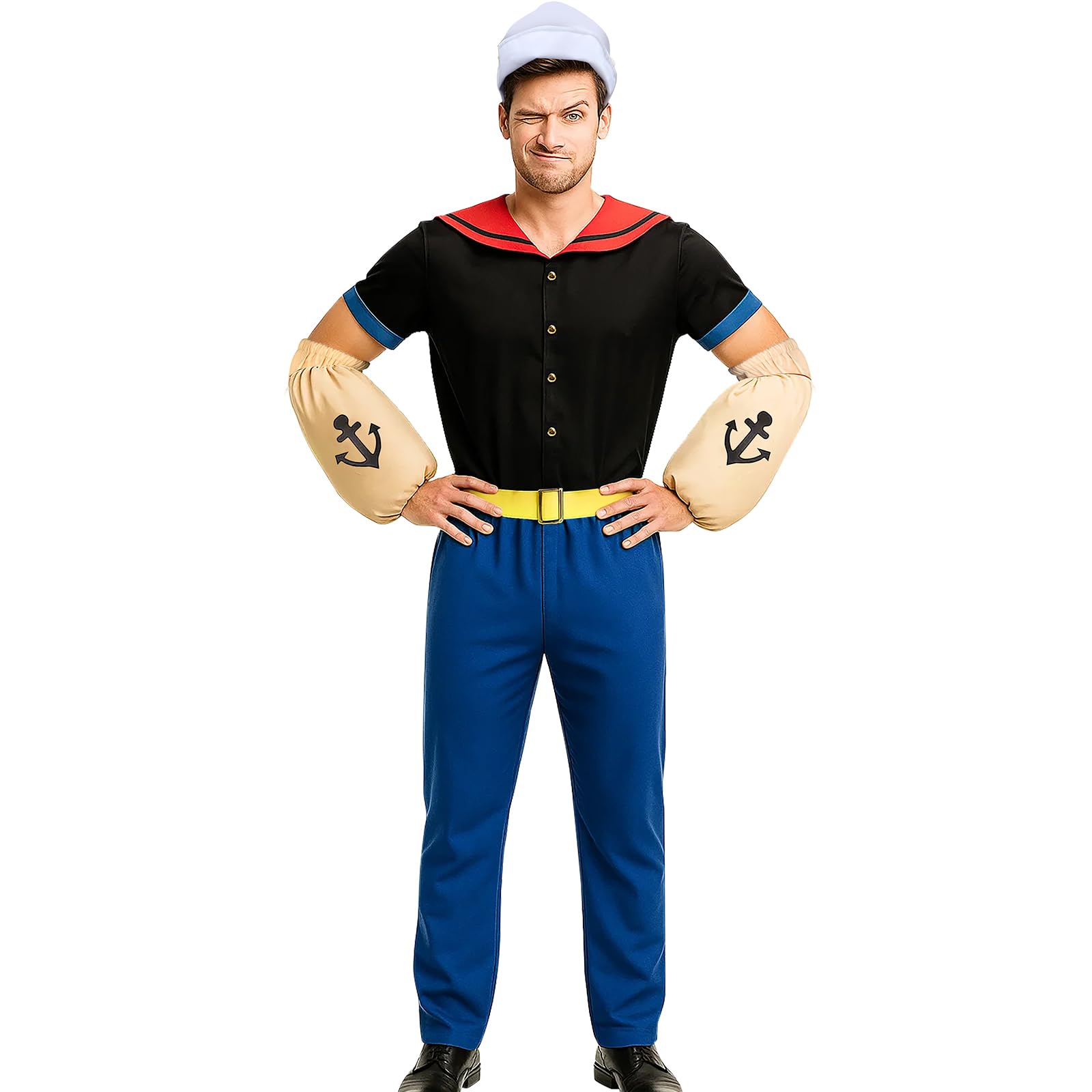 Disfraz de Popeye con Músculos Incorporados y Sombrero de Marinero para Halloween Carnaval