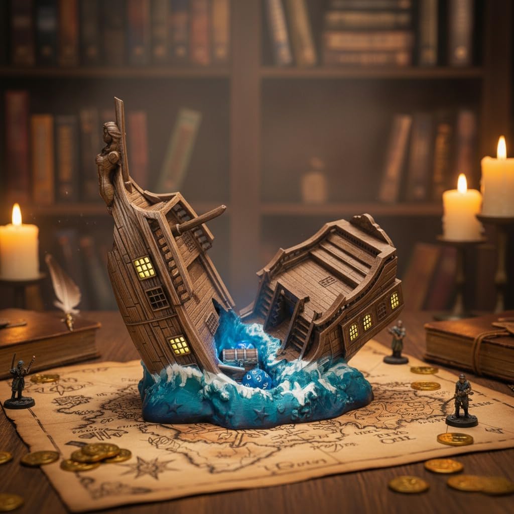 Pirate Ship Dice Tower, Perfect Dice Tower for Dungeons and Dragons, Tabletop RPG, Miniature Games and Board Games
