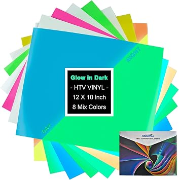 KISSWILL Glow in the Dark Heat Transfer Vinyl - 8 Pack 12" X 10" Assorted Colors Neon Iron on Vinyl that Improved the Backing Film with Stickiness for T-Shirts DIY Projects