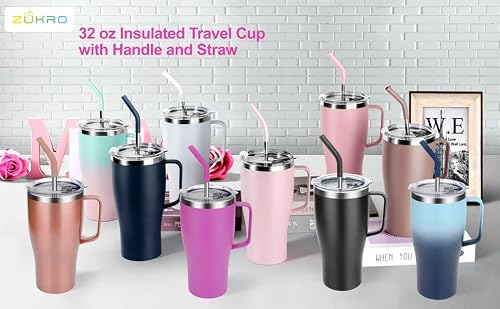 Zukro 32 Oz Vacuum Insulated Tumbler With Handle,Stainless Steel Travel Cup With Lid And Straw, No Sweat,Leakproof,Keep Drinks Cold 24 Hours, Dishwasher Safe,Fit In Cup Holder #TOP7