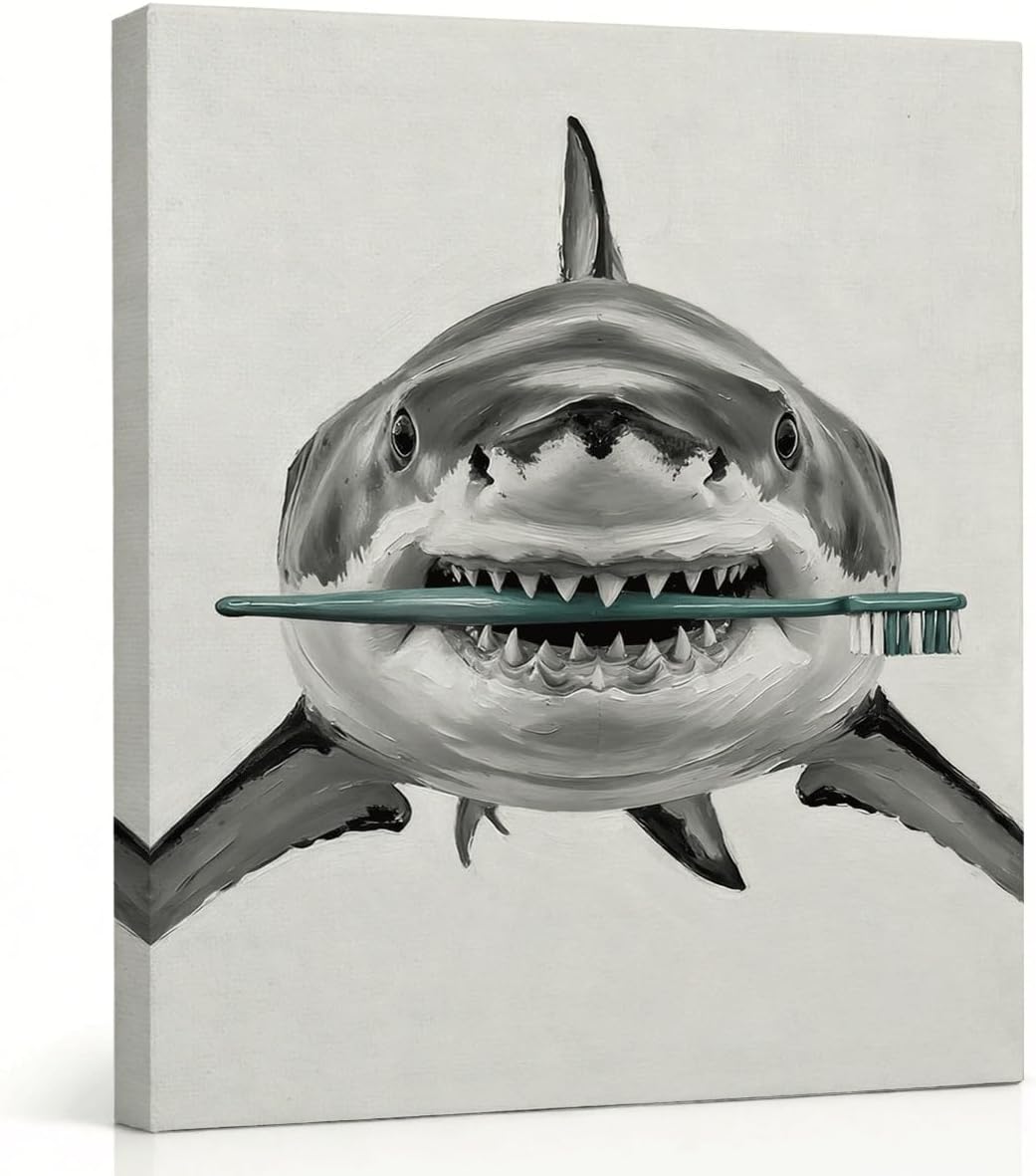 RTVJTERQ 8x10 Inches Oil Painting Canvas Wall Art Print for Bathroom Decor, Funny Shark Brushing Teeth, Ocean Animal Bathroom Humor Portrait Decor for Guest Bath Restroom Home