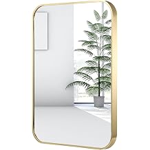 22x30 inch Gold Bathroom Mirror, Brushed Brass Gold Metal Framed Rectangular Mirror with Rounded Corner, Bathroom Vanity Mirror for Bedroom or Living Room, Horizontal/Vertical