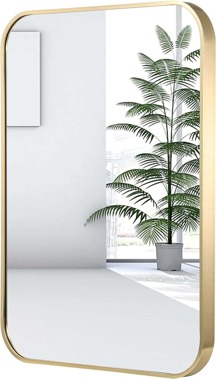 22x30 inch Gold Bathroom Mirror, Brushed Brass Gold Metal Framed Rectangular Mirror with Rounded Corner, Bathroom Vanity Mirror for Bedroom or Living Room, Horizontal/Vertical