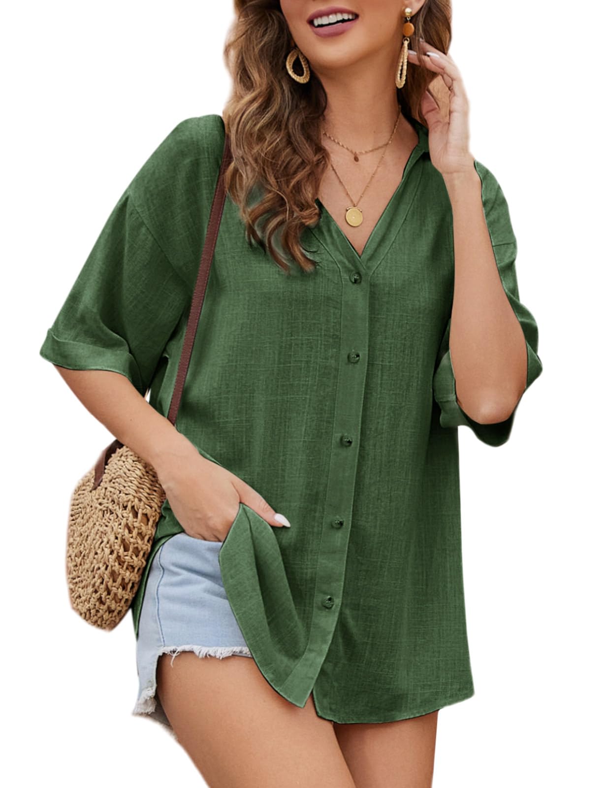 PASUDA Blusas de Mujer Elegante Camiseta Manga Corta con Cuello en V Verano Casual Camisa de Lino con Botón Suelta Blusa Shirts Tops