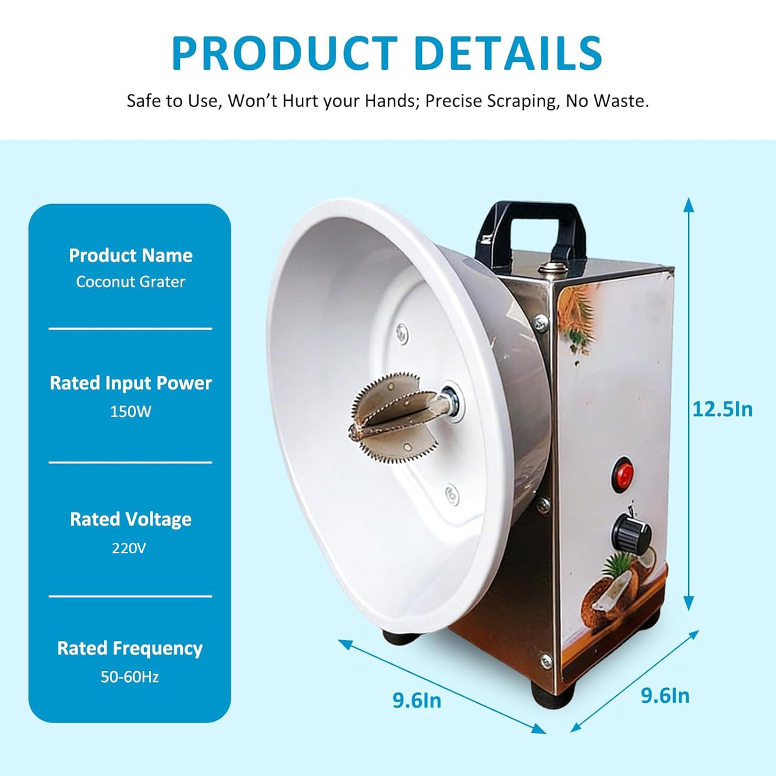 Grattugia verticale per cocco, trituratore elettrico in acciaio inox per fiocchi, velocità regolabile fino a 35 kg/h, con coperchio antipolvere e manico