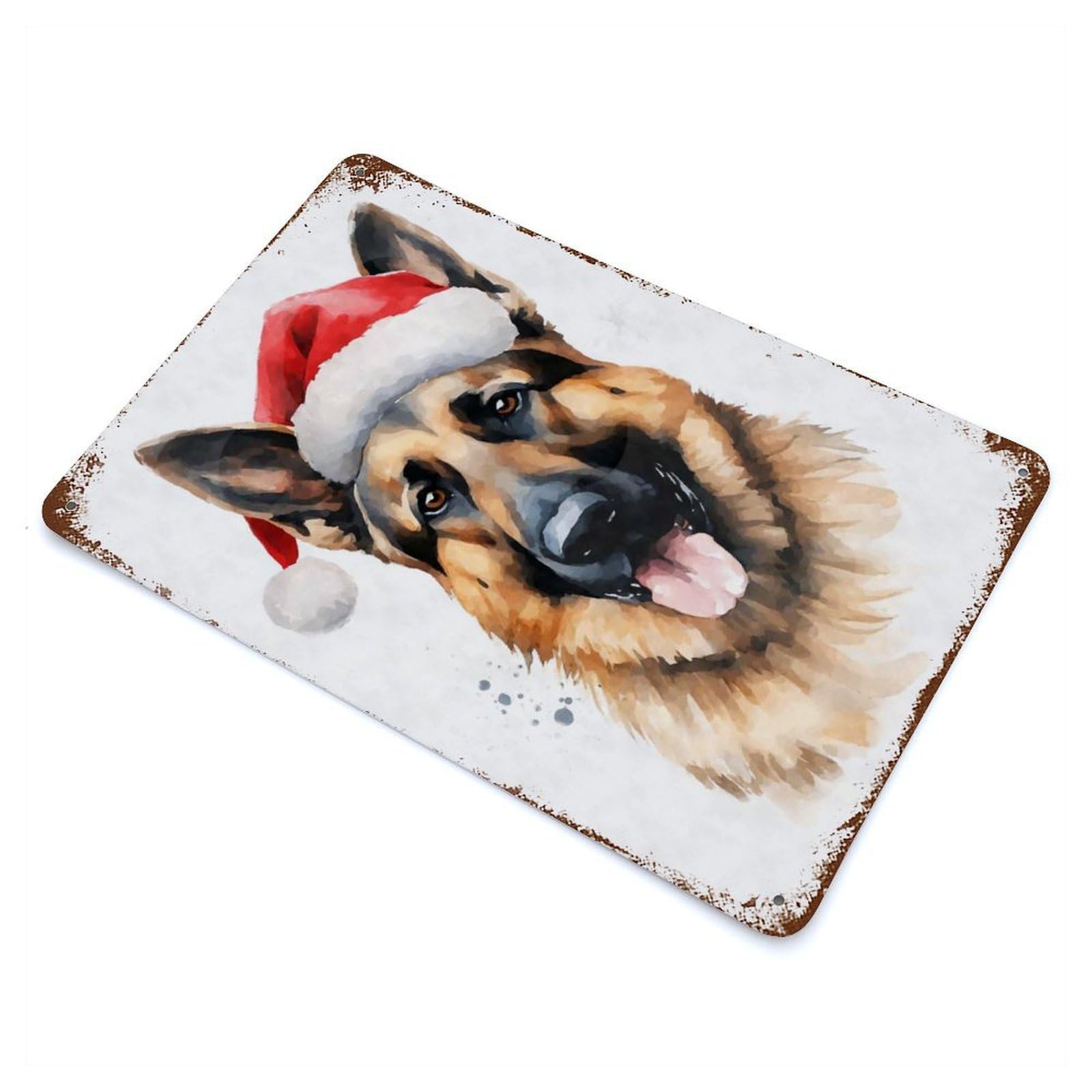 German Shepherd Santa Hat Vintage Wall Sign 11.8"x7.9", Rust Effect Metal Decor for Living Room, Hallway And Home Decor
