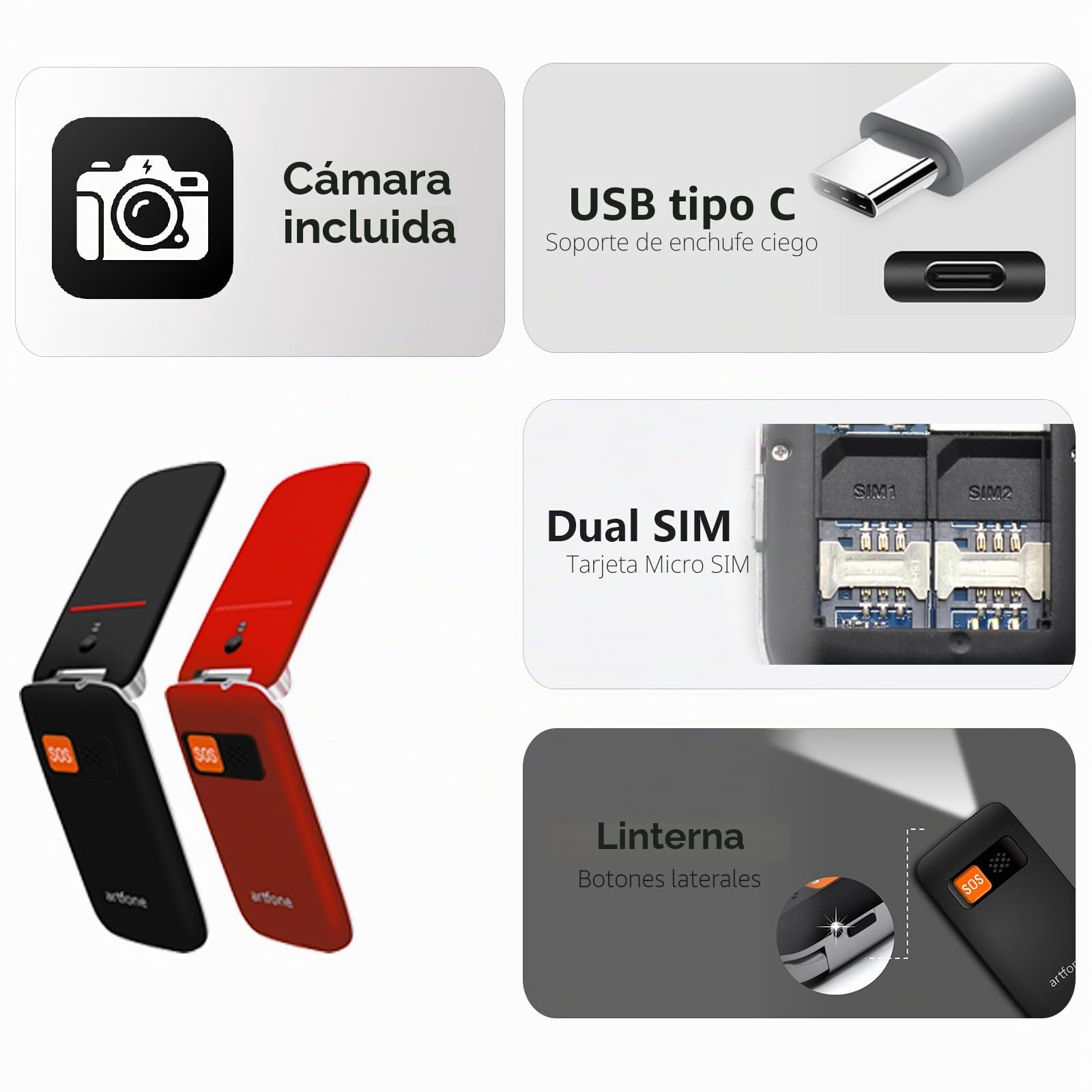 artfone CF241 - Teléfono móvil con tapa para personas mayores, teléfono simple con botón grande para personas mayores, teléfonos GSM, desbloqueados, sin SIM, con pantalla grande de 2.4 pulgadas (rojo)