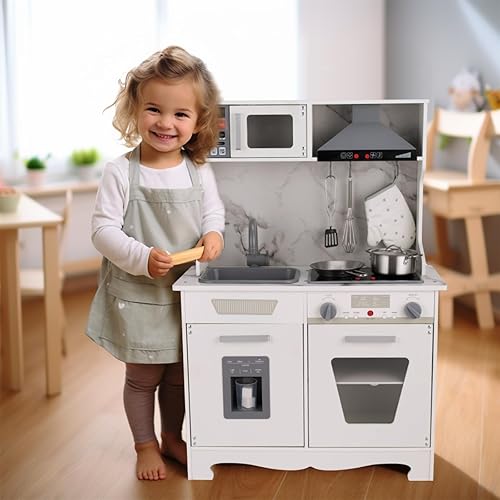 Miniatura 5 de WOODENFUN Juego de cocina para niños, juego de cocina de madera para niños, juego de cocina de chef con luces y sonidos reales, juguetes de cocina