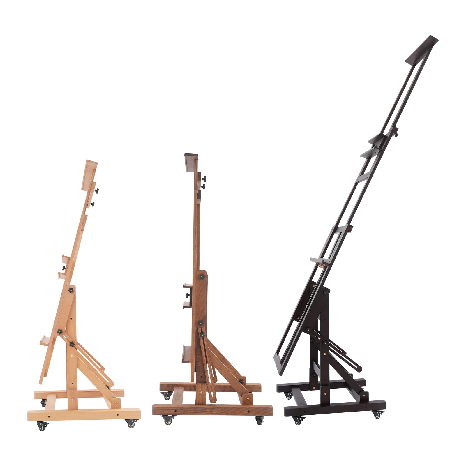 Staffelei Holz Bodenstaffelei mit Rädern, Groß Studio Holzstaffelei für 1&2 Leinwände, Neigbar, Flach Erhältlich, verstellbare Höhe 140-300cm (Retro Farbe)