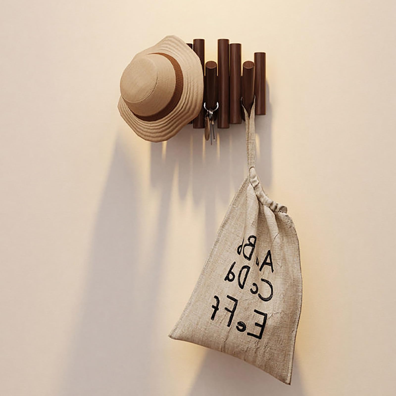 JS Space Wooden Wall Mounted Coat Rack with Hidden Flip Down Hooks, Modern Wood Coat Hooks Wall Mounted for Entryway, Bedroom, Bathroom, Hallway Walnut 3-Hook