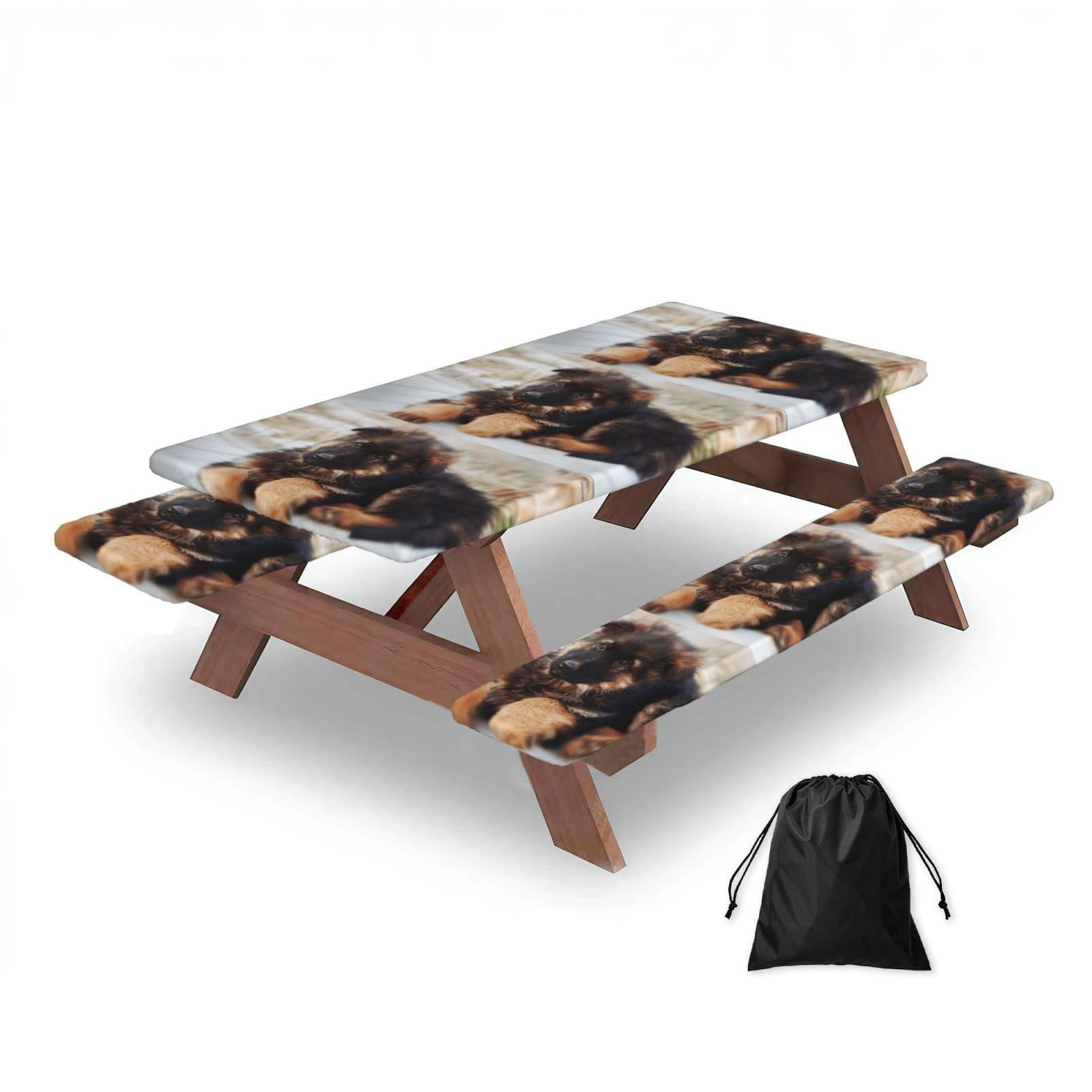 Dopklna As Picture German Shepherd Puppy, Picnic Table Cover With Bench Covers -Waterproof Elastic Fitted Tablecloth For Garden Camping Patio 76X152cm