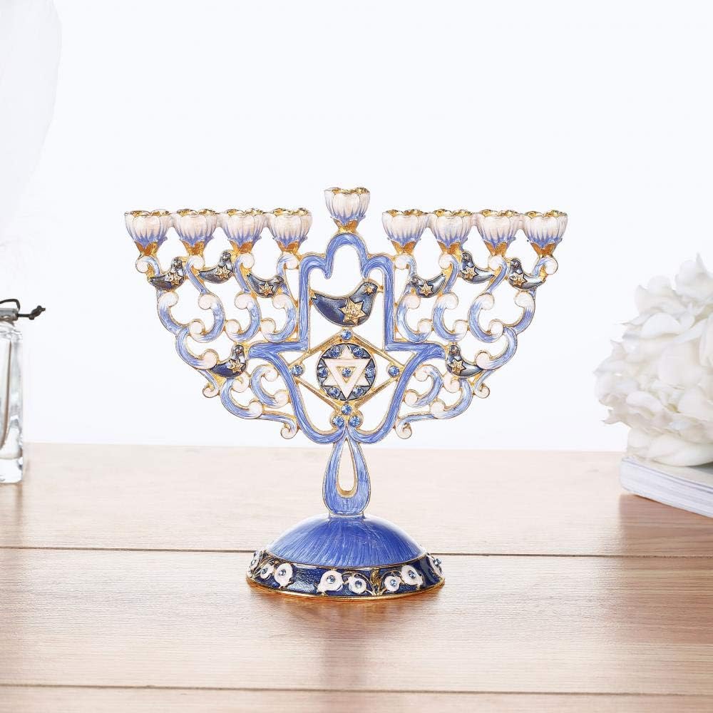 Matashi Hand Painted Enamel Menorah Candelabra Embellished with Gold Accents and Crystals (Hamsa & Doves Design)