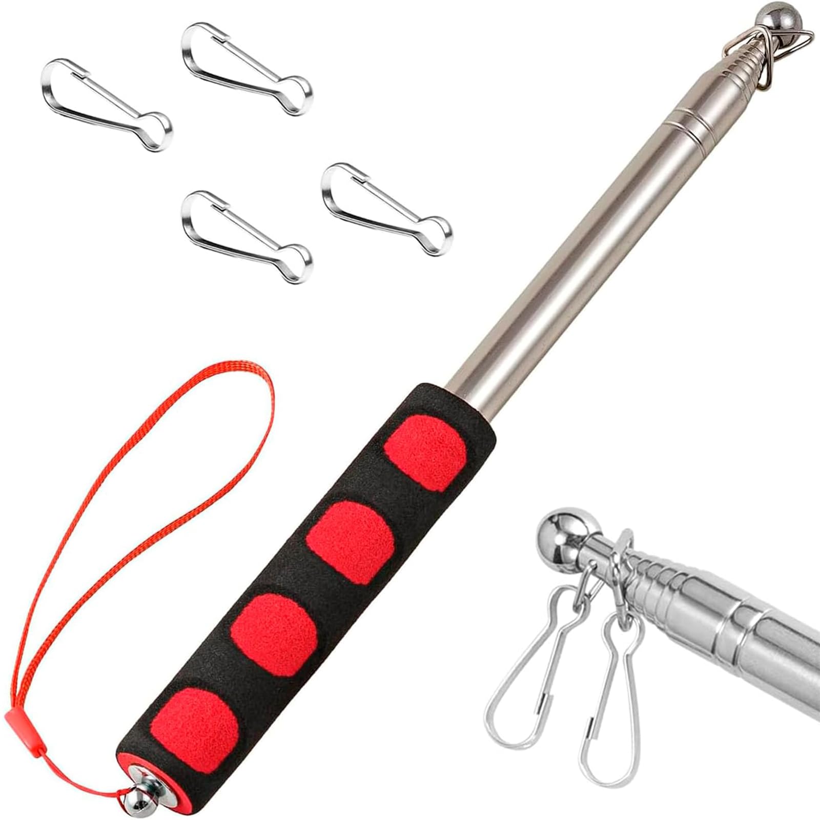 2.5M Telescopic Handheld Flagpoles with 4 Clips Portable Flag Pole Lightweight Extendable Tour Guide Stainless Steel Banner Flag Pole Pointer for Teacher, Tour, Guide, Flag, Pole Pointer(Red)