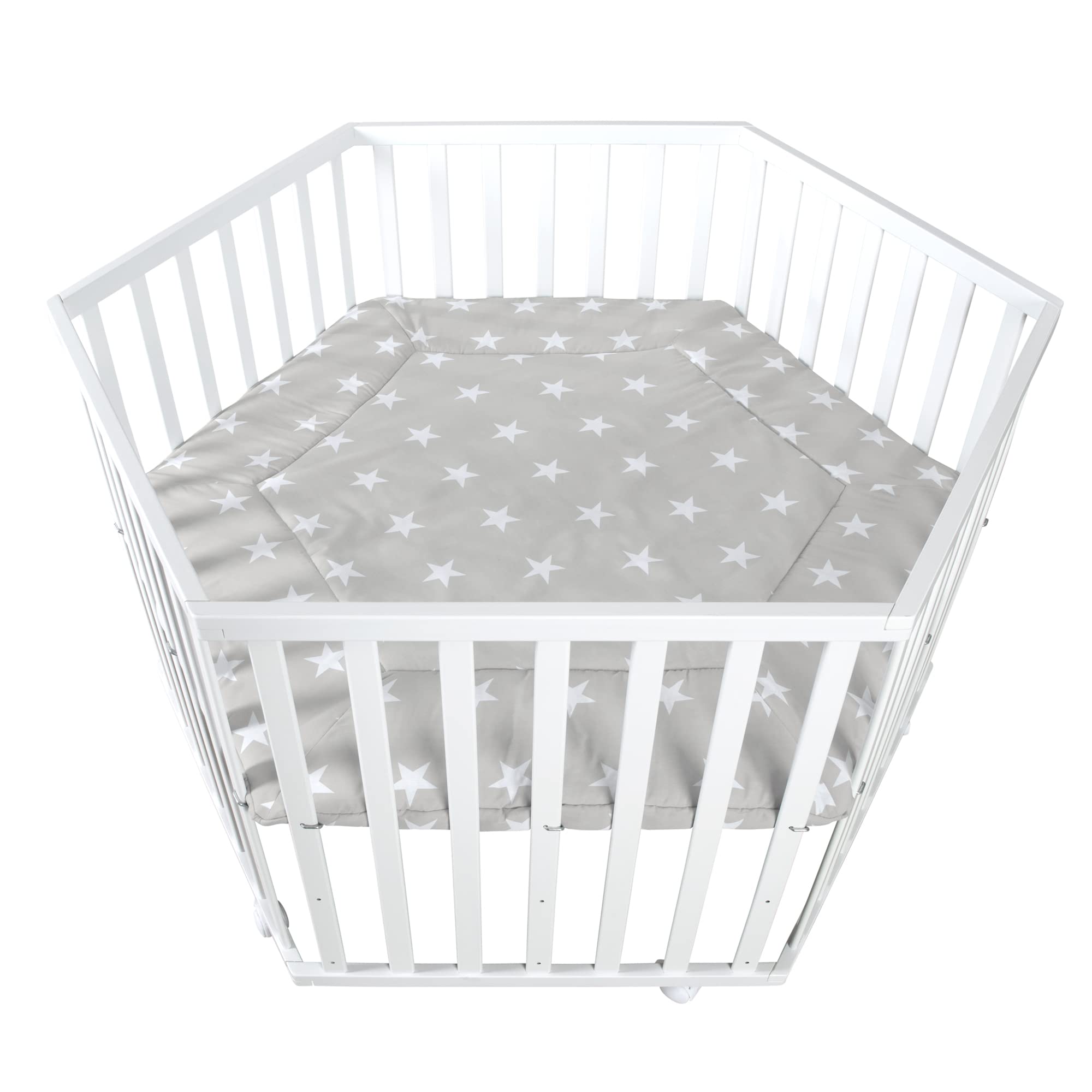 roba Parc Bébé Hexagonal en Bois "​Little Stars" + Tapis de Parc et Roues Avec Freins - Blanc